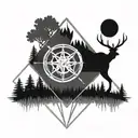 Create a tattoo in a diamond shape with mountains and wood  and add compass needles to the edges tattoo design idea