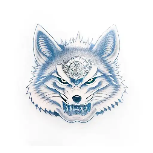 katana with an kitsune mask tattoo design idea