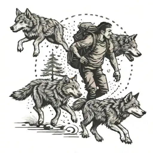A dotwork design of a student running with a pack of wolves tattoo design idea