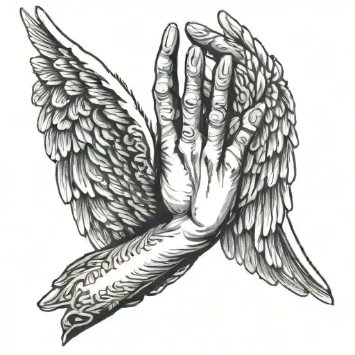 Praying hands, angel wings with angel number 777 tattoo design idea