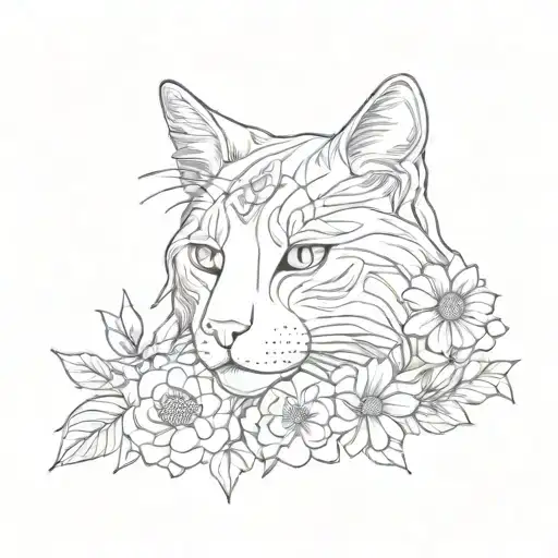 outline mane come cat with flowers tattoo design idea