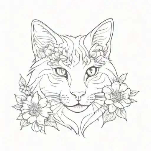 small outline mane come cat with flowers tattoo design idea