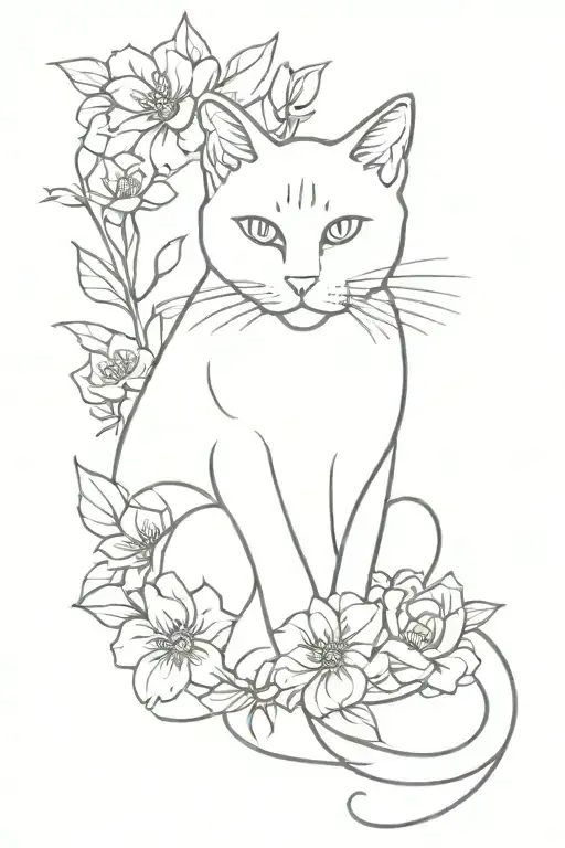 Cat sitting with flowers intertwined tattoo design idea