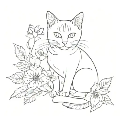 small outline cat with flowers intertwined tattoo design idea