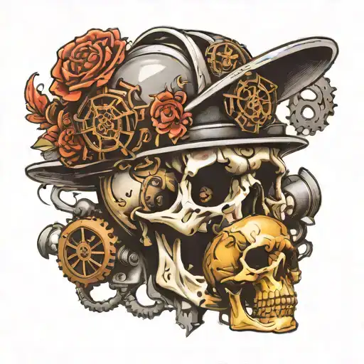Cogs crushing firefighter helmet, hourglass and a skull tattoo design idea
