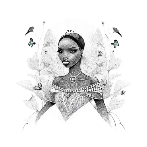 black African queen with butterflies tattoo design idea