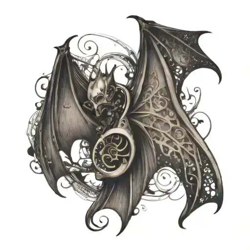 An intricate music staff intertwined with bat wings tattoo design idea
