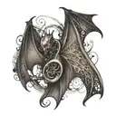 An intricate music staff intertwined with bat wings tattoo design idea