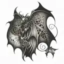 An intricate music staff intertwined with bat wings tattoo design idea