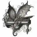 An intricate music staff intertwined with bat wings tattoo design idea