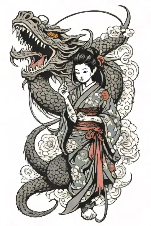 traditional japanese style tattoo dragon and samurai girl with a tattoo Machine tattoo design idea