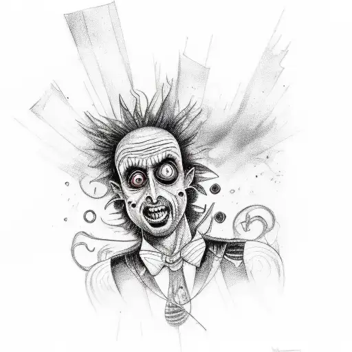A whimsical sketch-style tattoo of Beetlejuice surrounded by his chaotic and colorful world tattoo design idea