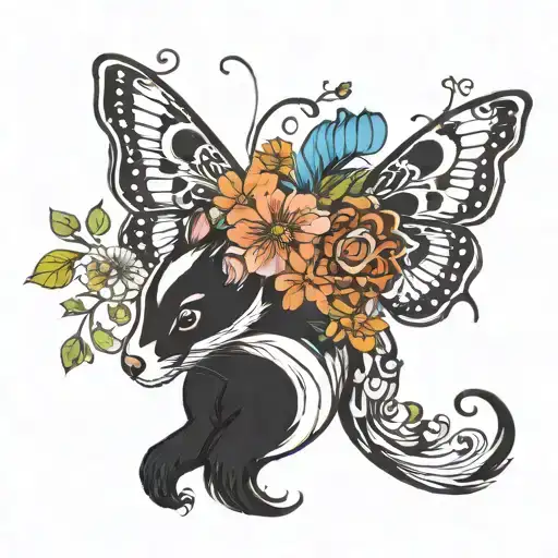 half butterfly half flowers add a skunk playing tattoo design idea