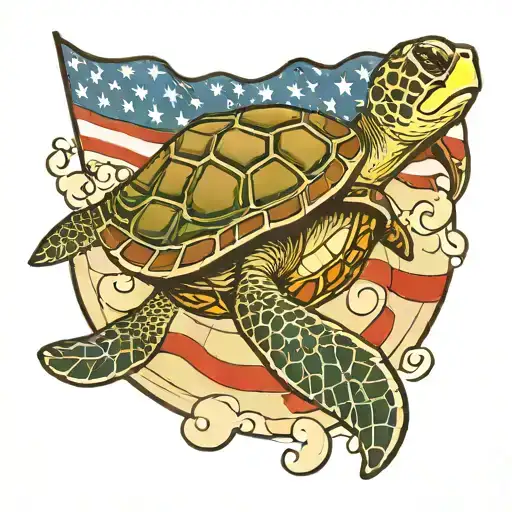An American flag patterned sea turtle swimming in a baseball diamond tattoo design idea