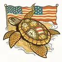 An American flag patterned sea turtle swimming in a baseball diamond tattoo design idea