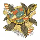 An American flag patterned sea turtle swimming in a baseball diamond tattoo design idea