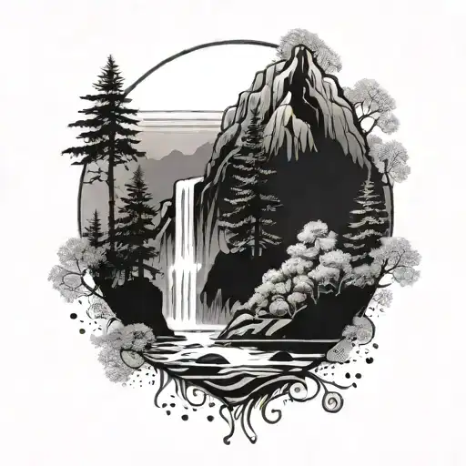 trees and mountains and waterfall flowing tattoo design idea