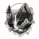 trees and mountains and waterfall flowing tattoo design idea