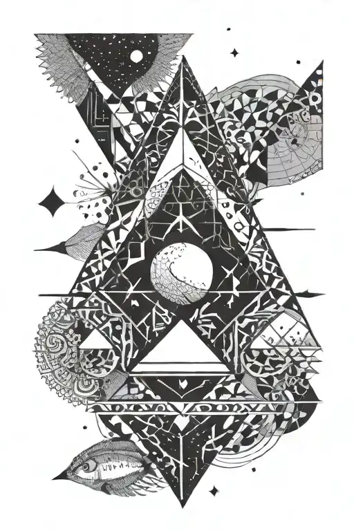 Arrow with geometric triangles, sun & sea, moon (night), fish —> add additionally: • Beat (Techno) tattoo design idea