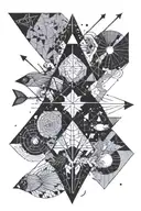 Arrow with geometric triangles, sun & sea, moon (night), fish —> add additionally: • Beat (Techno) tattoo design idea