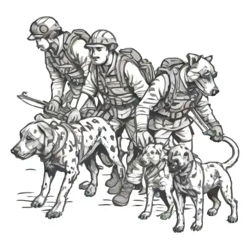 Illustrative scene of rangers from the Animal Welfare team rescuing dogs in a dotwork style tattoo design idea