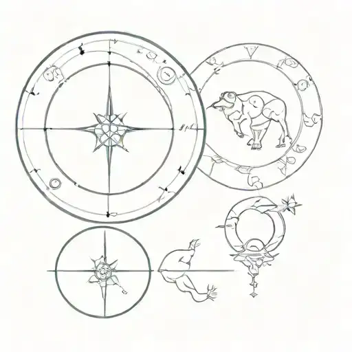astrological chart with Taurus, Pisces, Libra, Aries, Gemini, Saggitarius, Scorpio, Aquarius, Capricorn, Leo & Cancer tattoo design idea