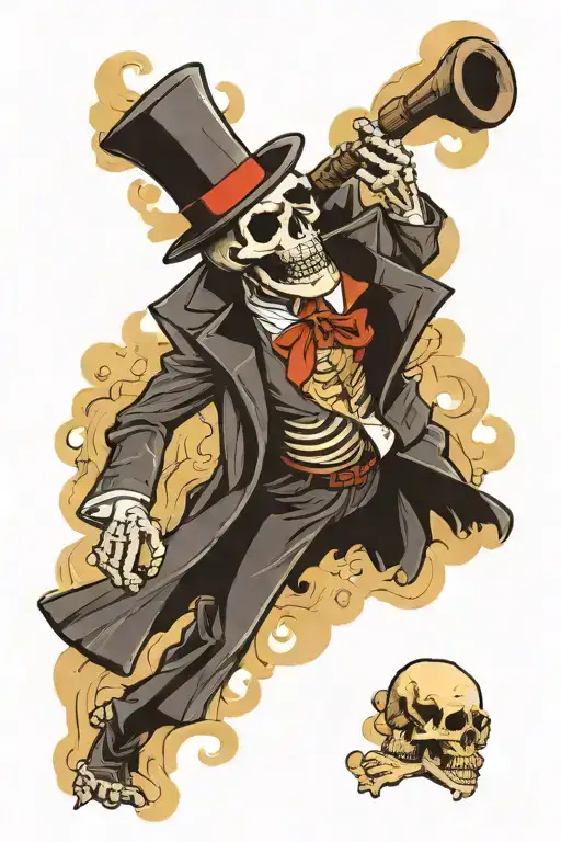 a smiling Skeleton in a mafia suit walking through smoke  tattoo design idea