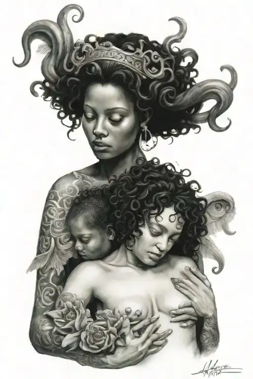 Black Medusa breastfeeding a baby angel tattoo design idea