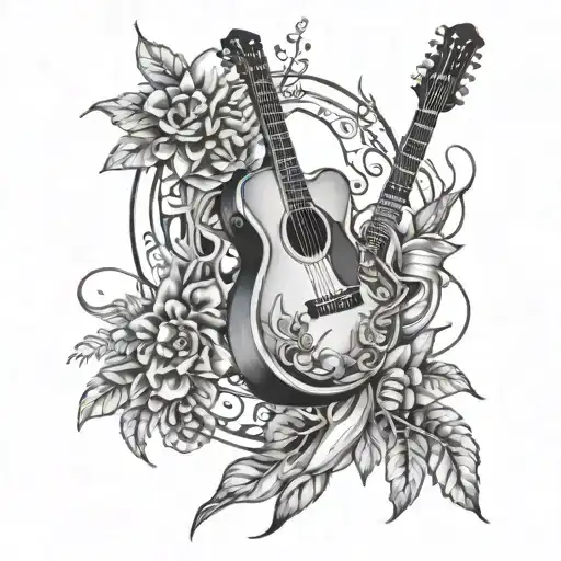 An intricate tattoo of a guitar intertwined with a bow and arrow, surrounded by various types of chilli plants, representing the client's hobbies and interests tattoo design idea