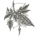 A tattoo design combining archery elements with chilli plants growing around a terry pratchett book, incorporating technology phones in the background tattoo design idea