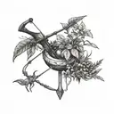 A tattoo design combining archery elements with chilli plants growing around a terry pratchett book, incorporating technology phones in the background tattoo design idea