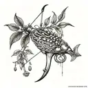 A tattoo design combining archery elements with chilli plants growing around a terry pratchett book, incorporating technology phones in the background tattoo design idea