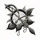 A tattoo design combining archery elements with chilli plants growing around a terry pratchett book, incorporating technology phones in the background tattoo design idea