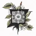 A tattoo design combining archery elements with chilli plants growing around a terry pratchett book, incorporating technology phones in the background tattoo design idea