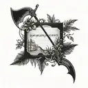 A tattoo design combining archery elements with chilli plants growing around a terry pratchett book, incorporating technology phones in the background tattoo design idea