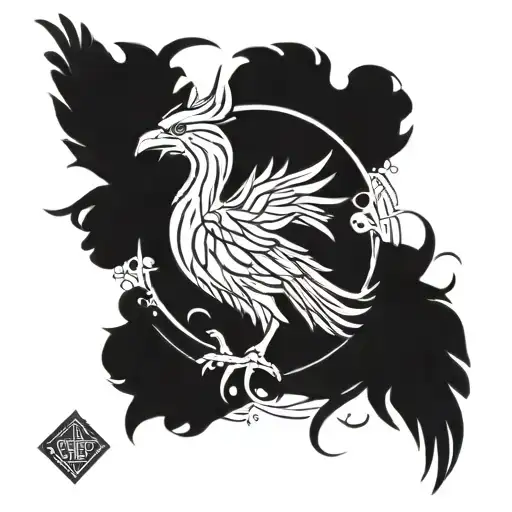 A phoenix rising from the ashes, with a crown, with xrp symbols incorporated into its feathers tattoo design idea