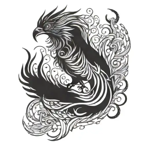 A phoenix rising from the ashes, with xrp symbols incorporated into its feathers, interacting with a horoburos tattoo design idea