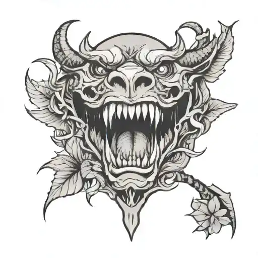 sukuna mouth open with 5 leaf clover and dragon sin of wrath on tongue with sleep token mask  tattoo design idea