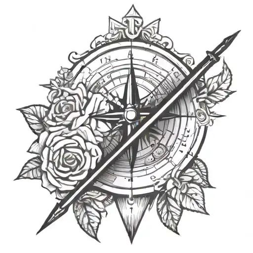 Compass with an arrow through it with roses tattoo design idea