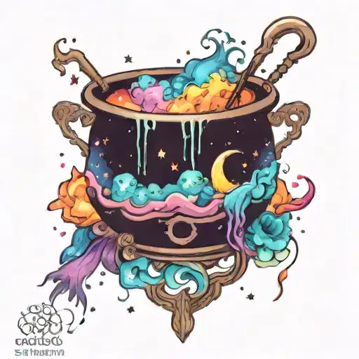 colorfull  cosmic space galaxy overflowing witch cauldron tattoo design idea