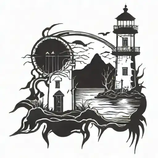 dark spook Erie creepy lighthouse spikes chaos  tattoo design idea