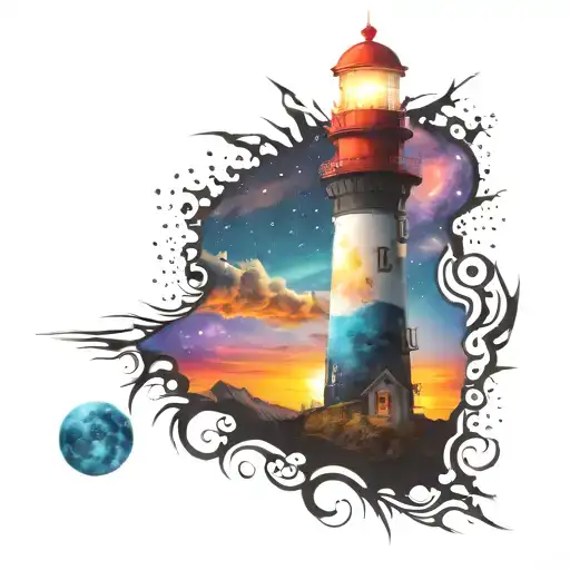 cosmic colorful night sky lighthouse spikes tattoo design idea