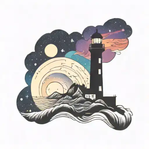 cosmic colorful night sky lighthouse  tattoo design idea