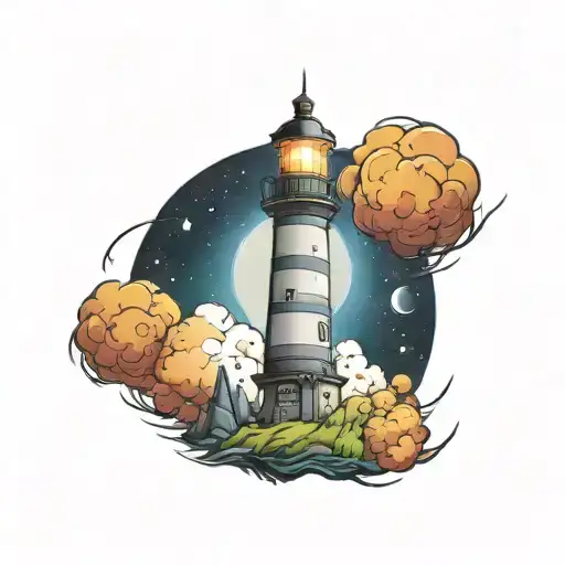 cosmic colorful night sky lighthouse spikes tattoo design idea