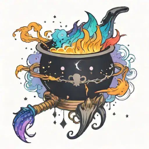 colorful cosmic space galaxy overflowing witch cauldron with crystals and smoke tattoo design idea