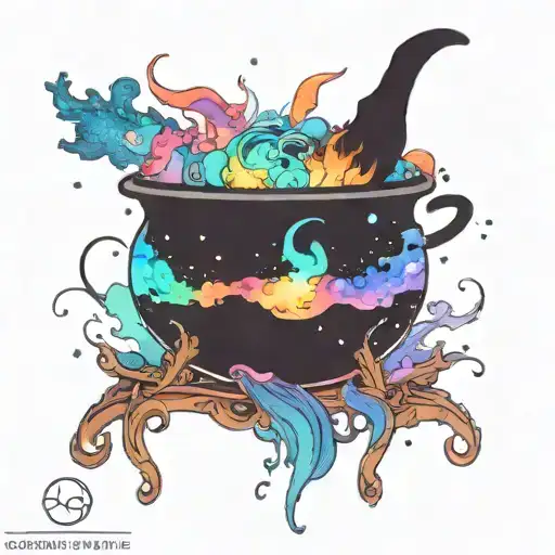 colorfull  cosmic space galaxy overflowing witch cauldron tattoo design idea