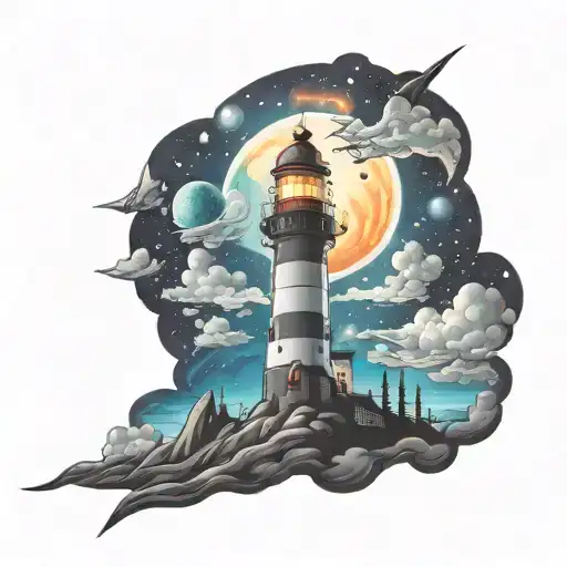 cosmic colorful night sky lighthouse spikes tattoo design idea
