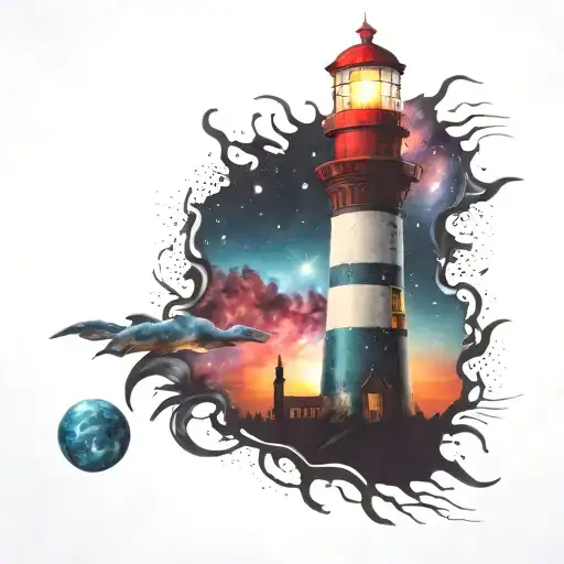 cosmic colorful night sky lighthouse spikes tattoo design idea
