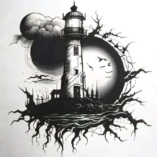 dark spook Erie creepy lighthouse spikes tattoo design idea