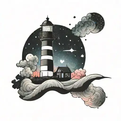 cosmic colorful night sky lighthouse  tattoo design idea